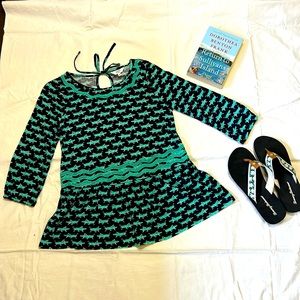 Crown & Ivy Grasshopper Blouse, Aquamarine & Navy, Peplum Bottom, size …